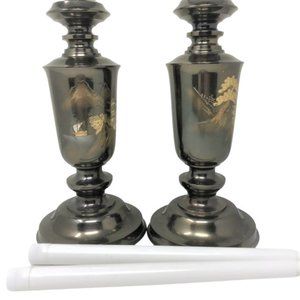 Gorgeous Decorative Oriental Asian Candle Holders Brushed Metal Oriental Design